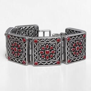 Vintage Brighton Square Link Panel Filigree Red Enamel Bracelet Rare Retired